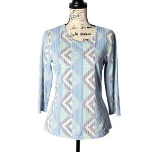 J. Mclaughlin Womens Top 3/4 Sleeve Catalina Cloth Blue White Geometric Size M